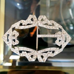 VTG Art Deco Belt Buckle, rhinestones/silver metal